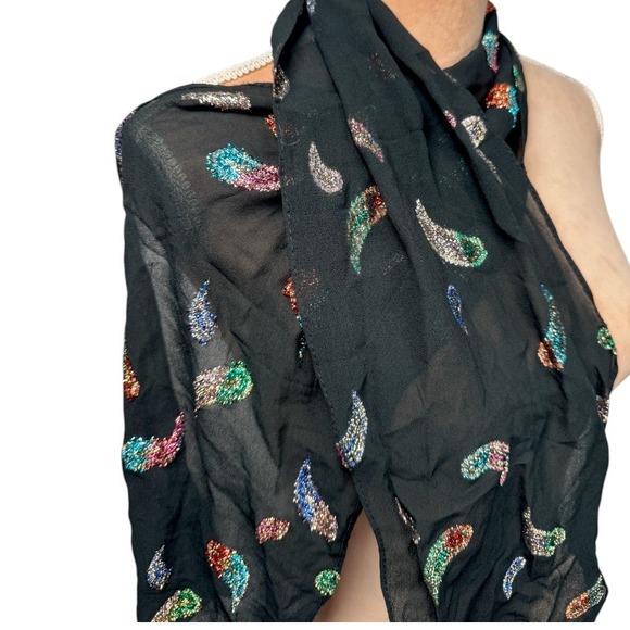 Black Sheer Scarf Colorful Paisley Sparkle Accents Lightweight Stylish 80s - Picture 1 of 10